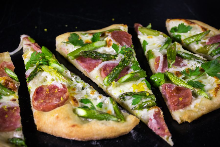 Asparagus Pizza with Soppressata and Lemon Zest